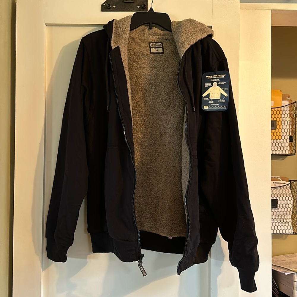 Black Sherpa lined C. E. Schmidt workwear hoodie—size M